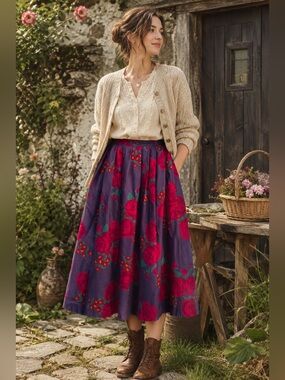 VTG Laura Ashley Made in Great Britain Wool Floral Midi Skirt Rose Print Pockets